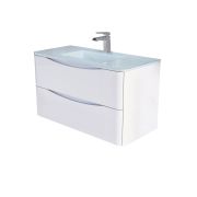 900mm Wall Hung Vanity Unit in Gloss White & White Glass Basin