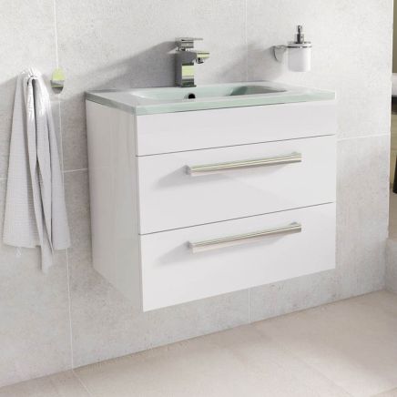 600mm Wall Hung Vanity Unit in White Gloss with Glass Basin