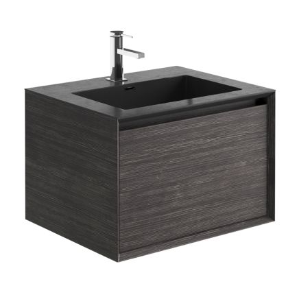 600mm Wall Hung Vanity Unit with Black Resin Basin in Leached Oak