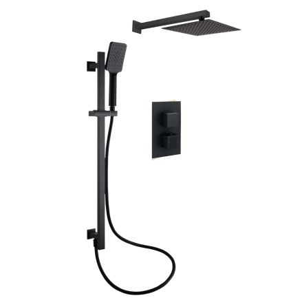 Square Double Outlet Valve with Slide Rail Kit, Shower Head and Arm - Black