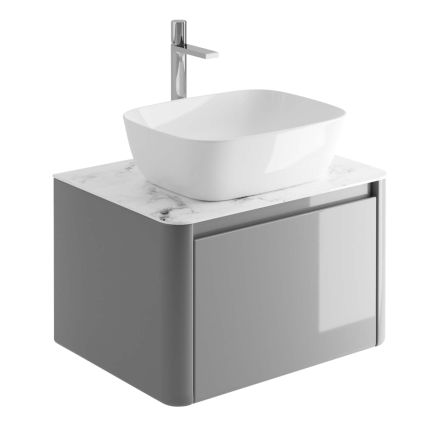 650mm Wall Hung Vanity Unit in Light Grey with White Marble Worktop