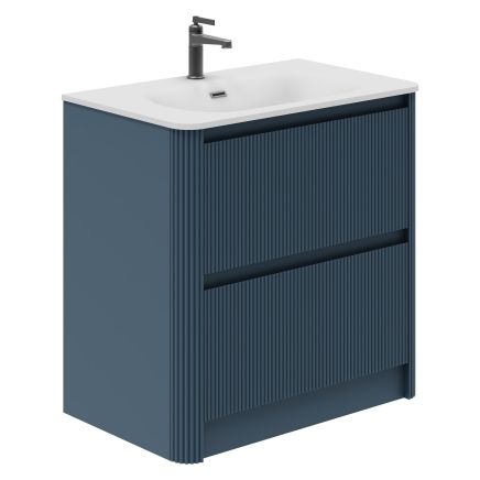 Ribbed Floorstanding Vanity Unit with Drawers in Blue with White Basin