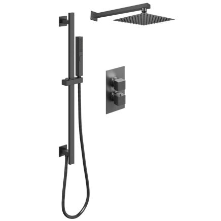 Square Double Outlet Valve with Slide Rail Kit, Shower Head and Arm - Gun Metal