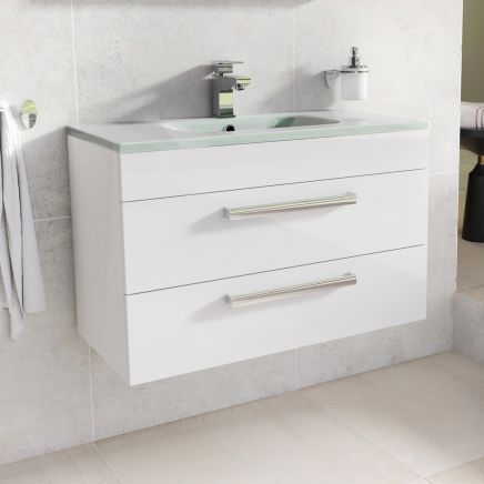 800mm Wall Hung Vanity Unit in White Gloss with Glass Basin