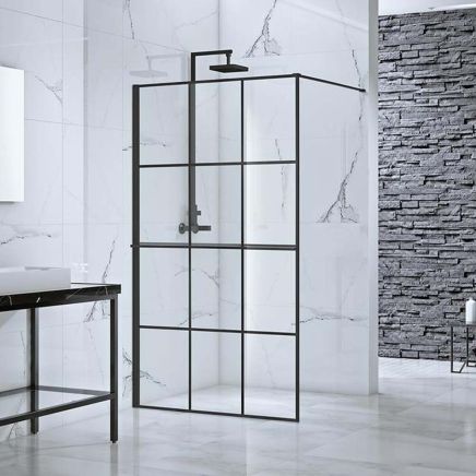 Frontline Velar Walk-in Shower Screen with Towel Rail in Matt Black – 900mm