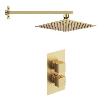 Single Outlet Square Concealed Valve with Shower Head and Arm - Brushed Gold