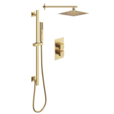 Square Double Outlet Valve with Slide Rail Kit, Shower Head and Arm - Brushed Gold