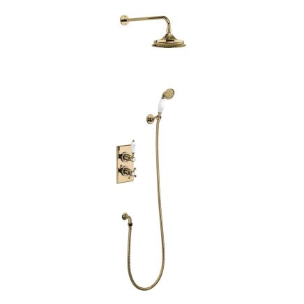 Trent Thermostatic Dual Outlet Concealed Shower Valve, Shower Arm, Handset and 9" Head - Gold