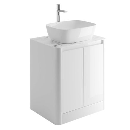 650mm Floor Standing Vanity Unit in Gloss White with White Marble Worktop