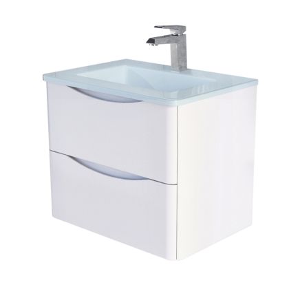 600mm Wall Hung Vanity Unit in Gloss White & White Glass Basin