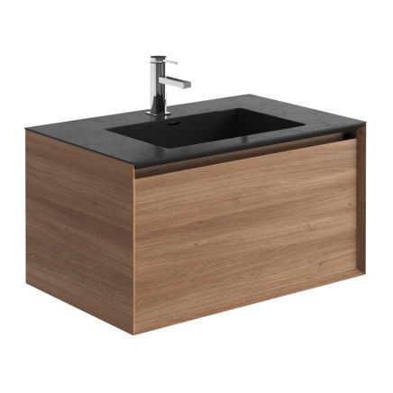 750mm Wall Hung Vanity Unit with Black Resin Basin in Natural Oak